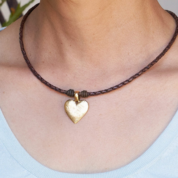 Eternal Braided Leather Necklace W Gold Hammered Heart Pendant 16 inch