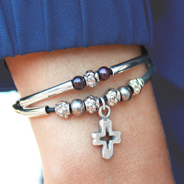 Faith Adjustable Black Leather and Pearl Bracelet with Cross Charm