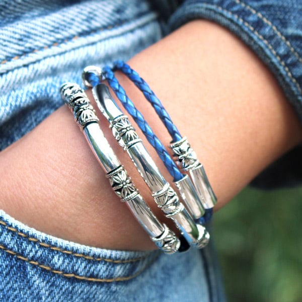 Blue leather wrap bracelet with silver