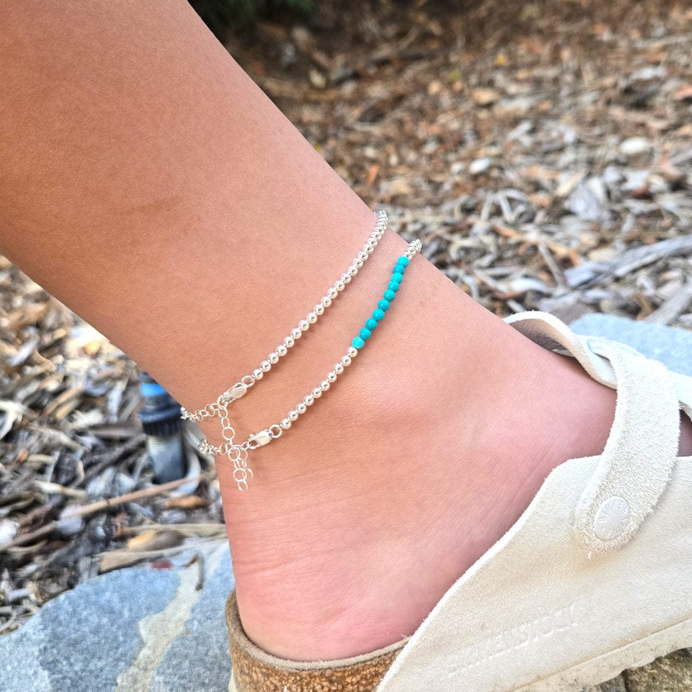 Sterling silver anklets stack with turquoise beads