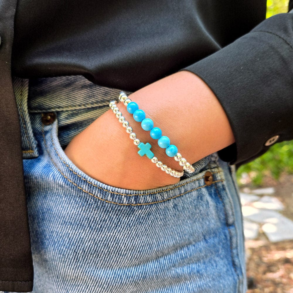 Waterproof bracelets with Turquoise cross and sterling silver beads