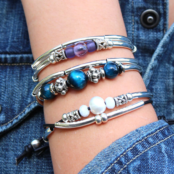 Gemstone bracelets featuring blue lapis, black onyx, jade, turquoise and pearls