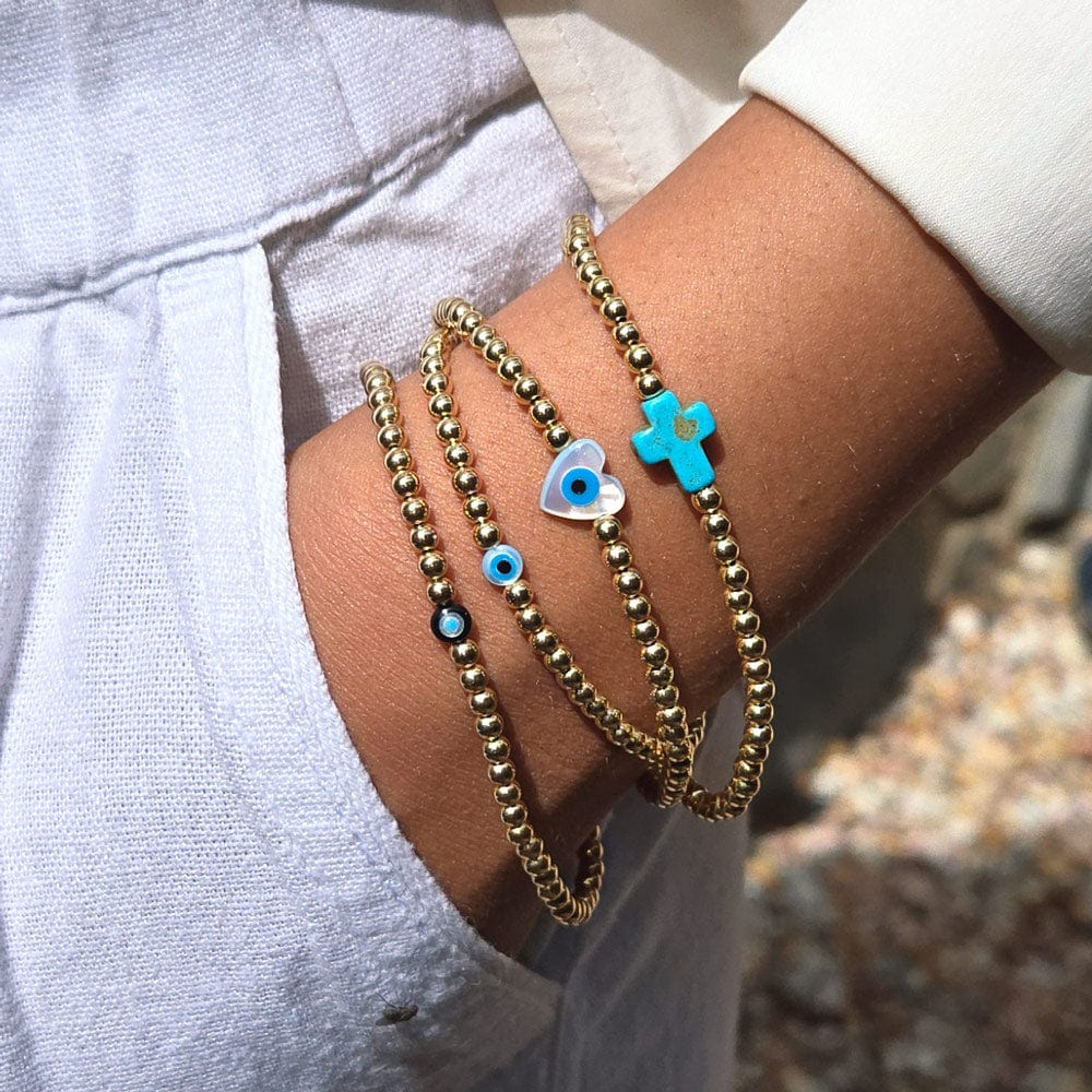 Lizzy James Evil Eye bracelets in mother of pearl and 14k gold filled