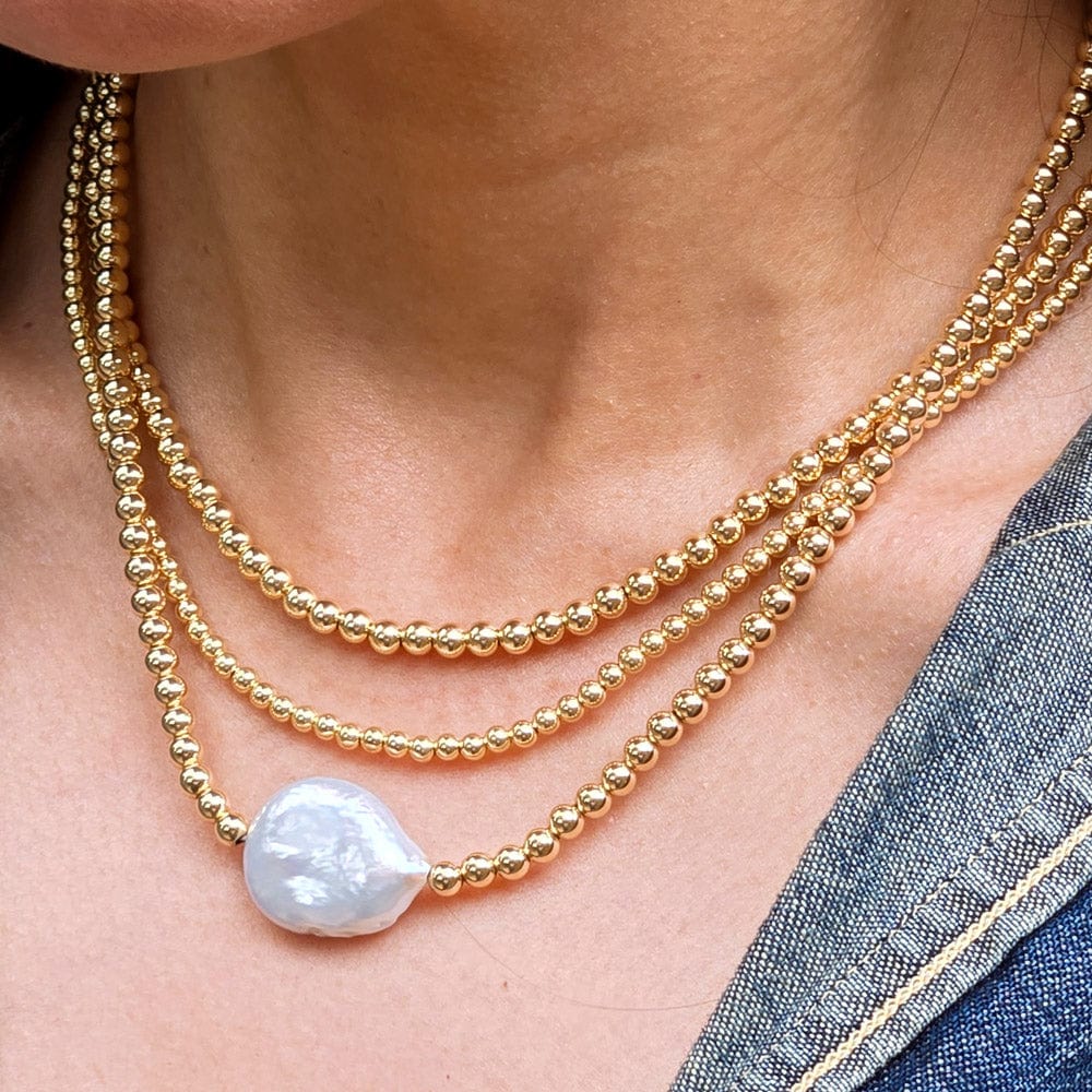 14k gold filled necklaces layered with a pearl necklace