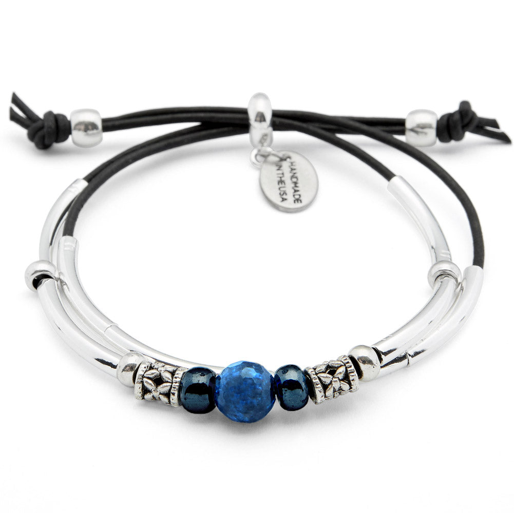 Blue Ocean silver & leather adjustable size bracelet with blue Lapis gemstone bead