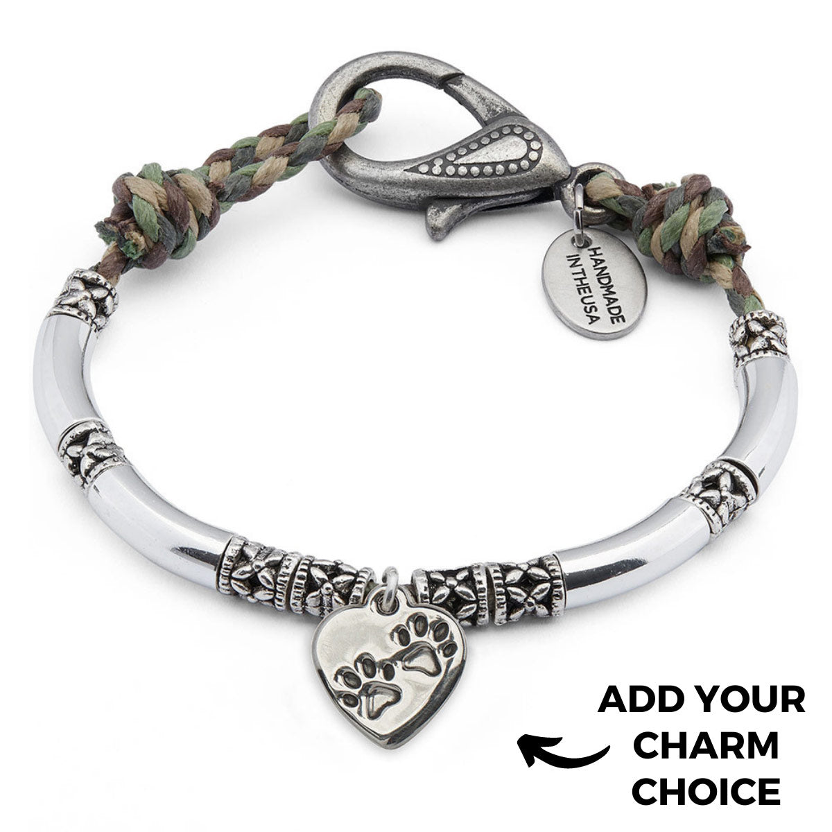 Corrine camo cotton cord bracelet with stainless steel paw charm