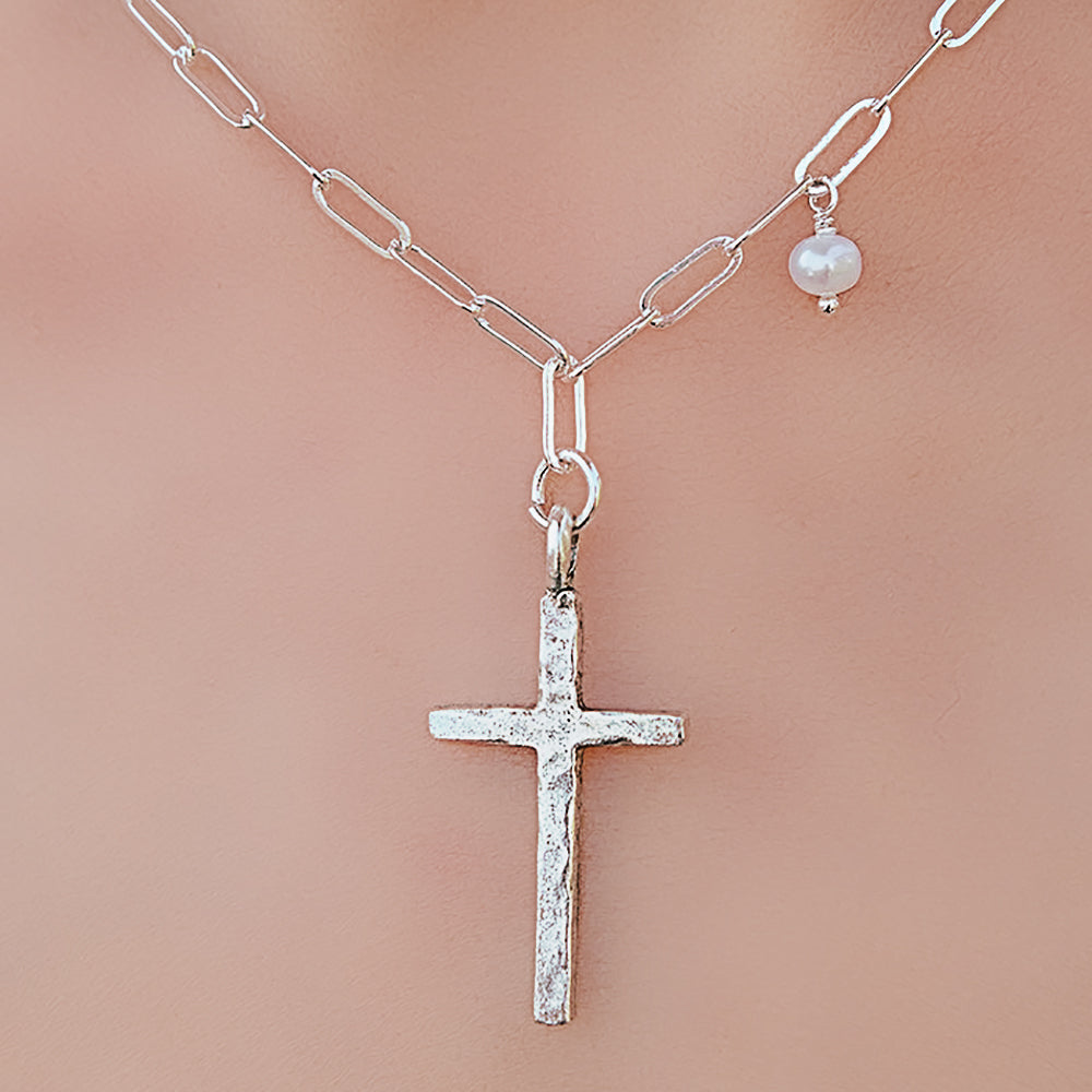 Adina silver necklace with cross pendant and petite pearl