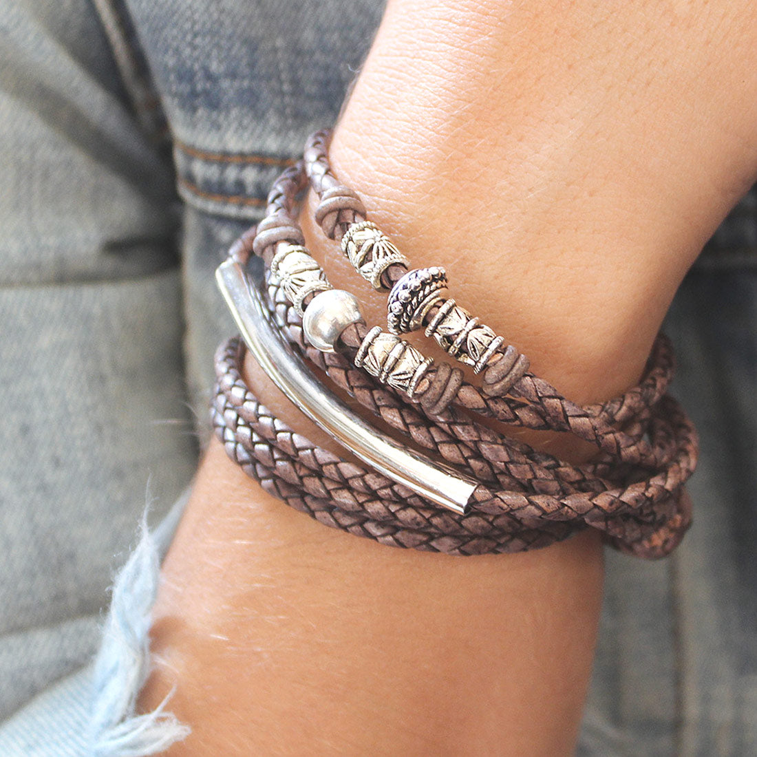 Naomi braided brown leather and silver wrap bracelet