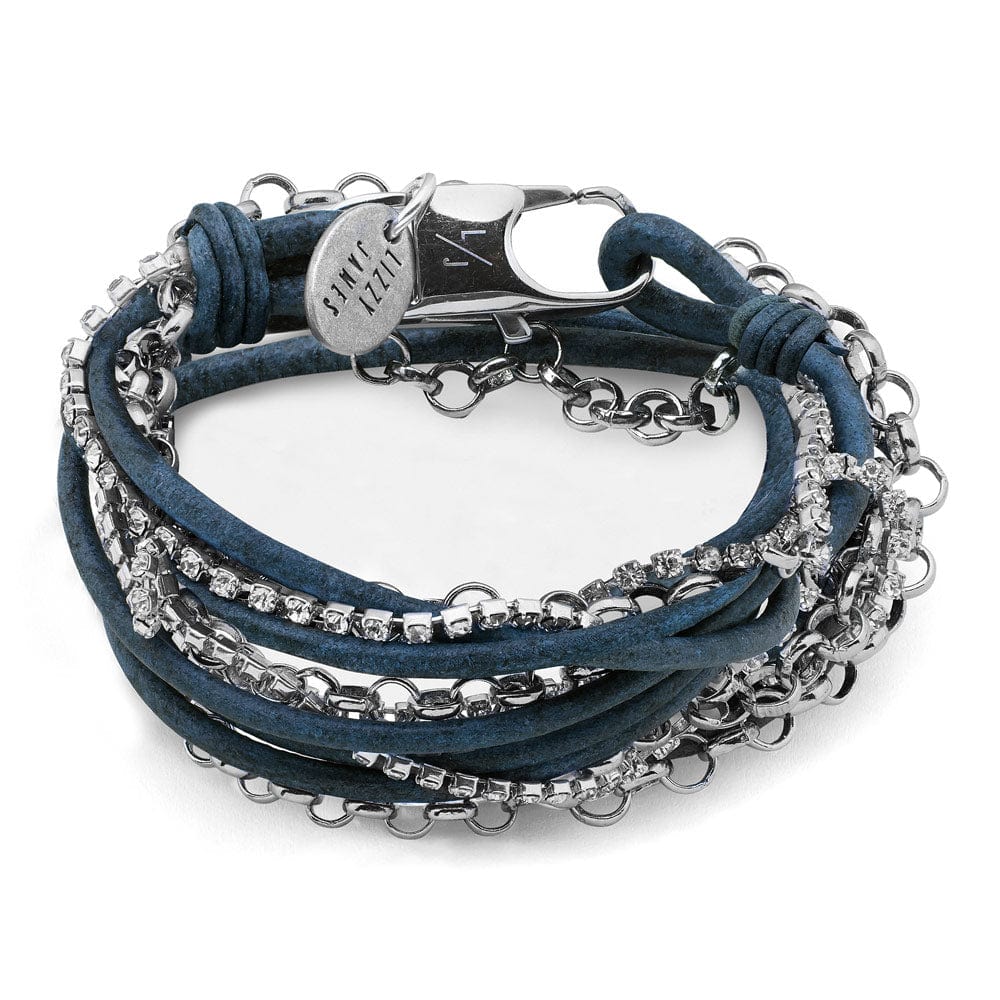 Blue leather wrap bracelet with rhinestone chain and large secure clasp