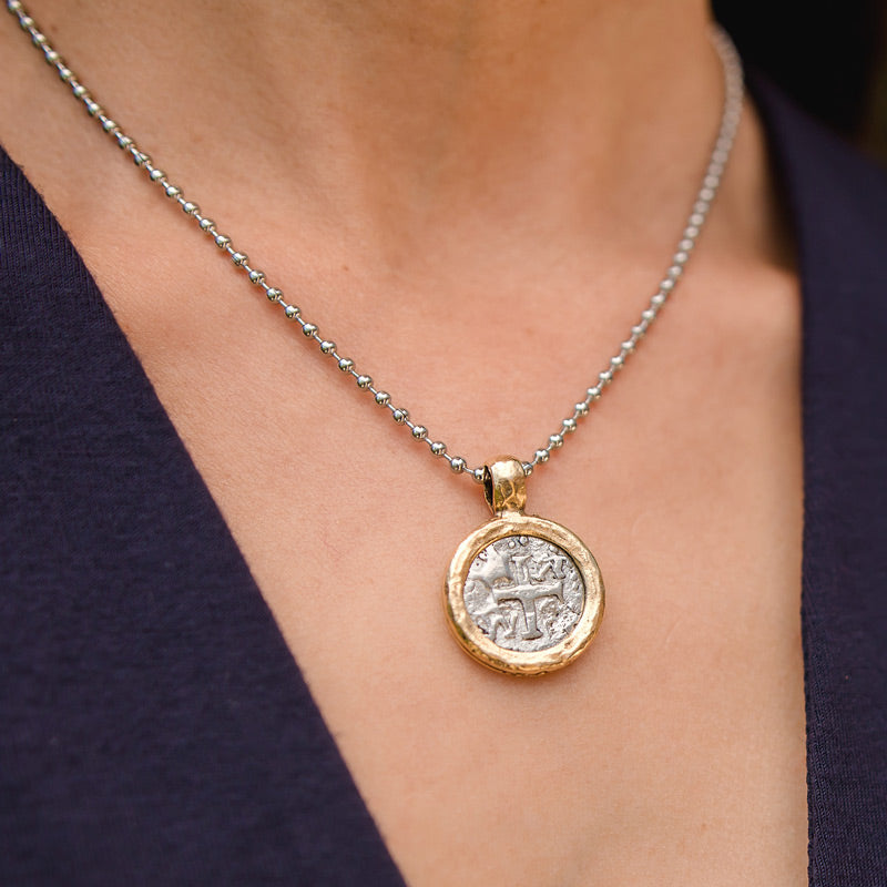 Vintage silver cross coin medallion w gold bezel and ball chain