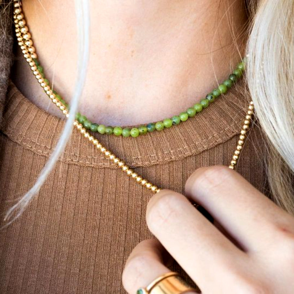 14k Gold Filled 4mm Beaded Necklace with Jade layered w 3mm 14k gold filled necklace