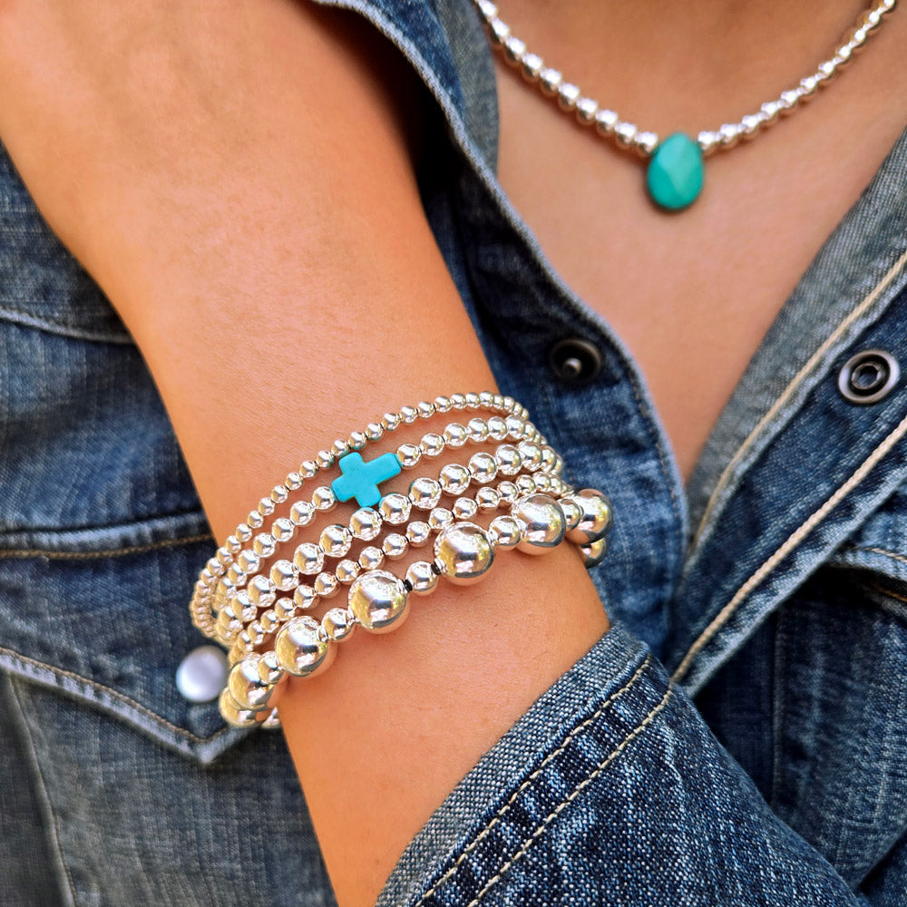 Sterling silver bead stacked bracelets with turquoise charm and pendant 