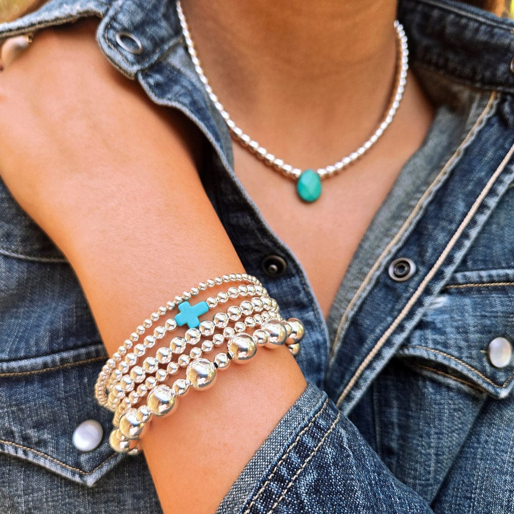 3mm, 4mm &amp; 8mm Sterling Silver Beaded Bracelets with Turquoise Cross Charm + Necklace with Turquoise Pendant