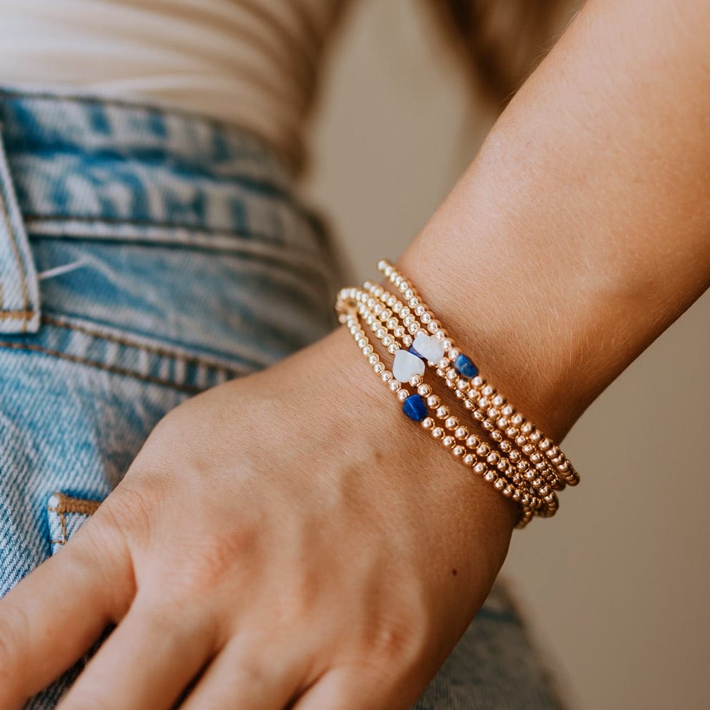 4mm 14k Gold-Filled Bracelets with Pearl Hearts and Blue Lapis Hearts, Stacked