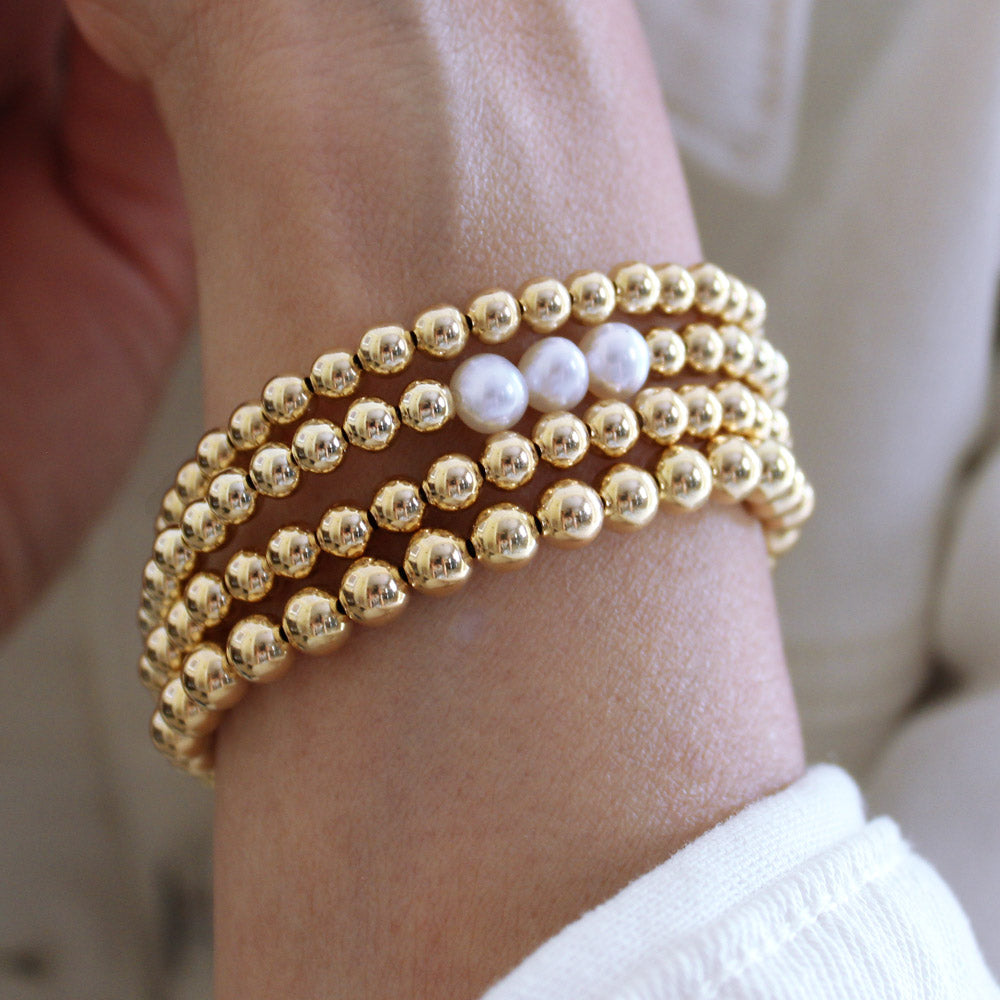 14k Gold Filled 5mm Beaded Bracelet Stretch to Fit stacked with 4mm 14k gold filled bracelets