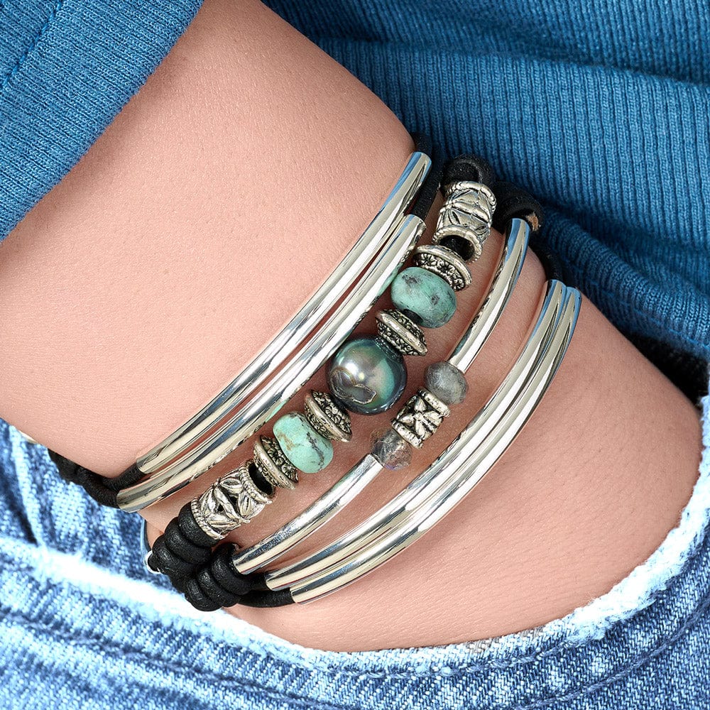 Big Sky Wrap Bracelet in Silver and Leather Featuring Semi-Precious Labradorite