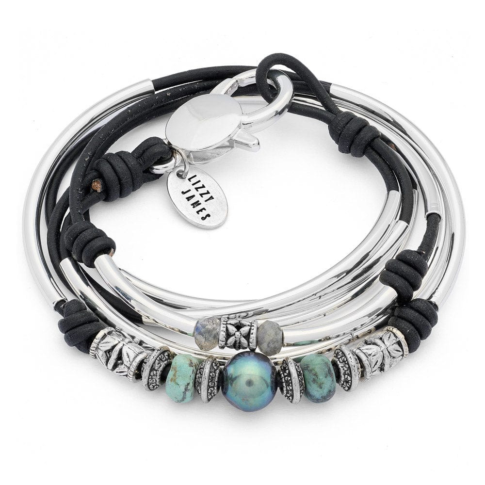 Big Sky Silver and Leather Wrap Bracelet with Semi-Precious Labradorite