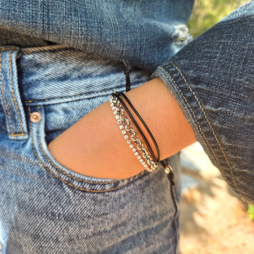 Cassidy Black Leather and Silver Bracelet with Rhinestones Denim Wide