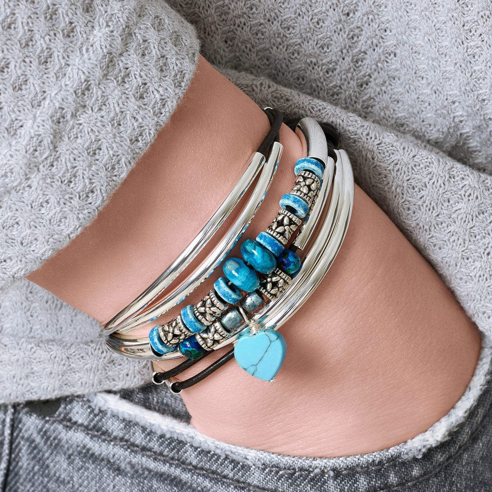 Charmaine Silver and Leather Wrap Bracelet with Semi Precious Agate with turquoise heart charm