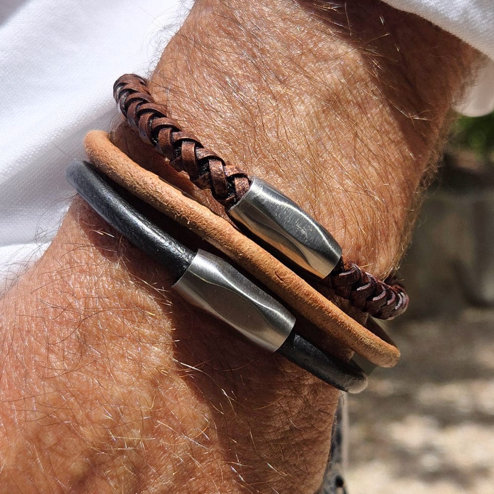 Devon men&#39;s black and tan leather bracelets with dark brown braided leather