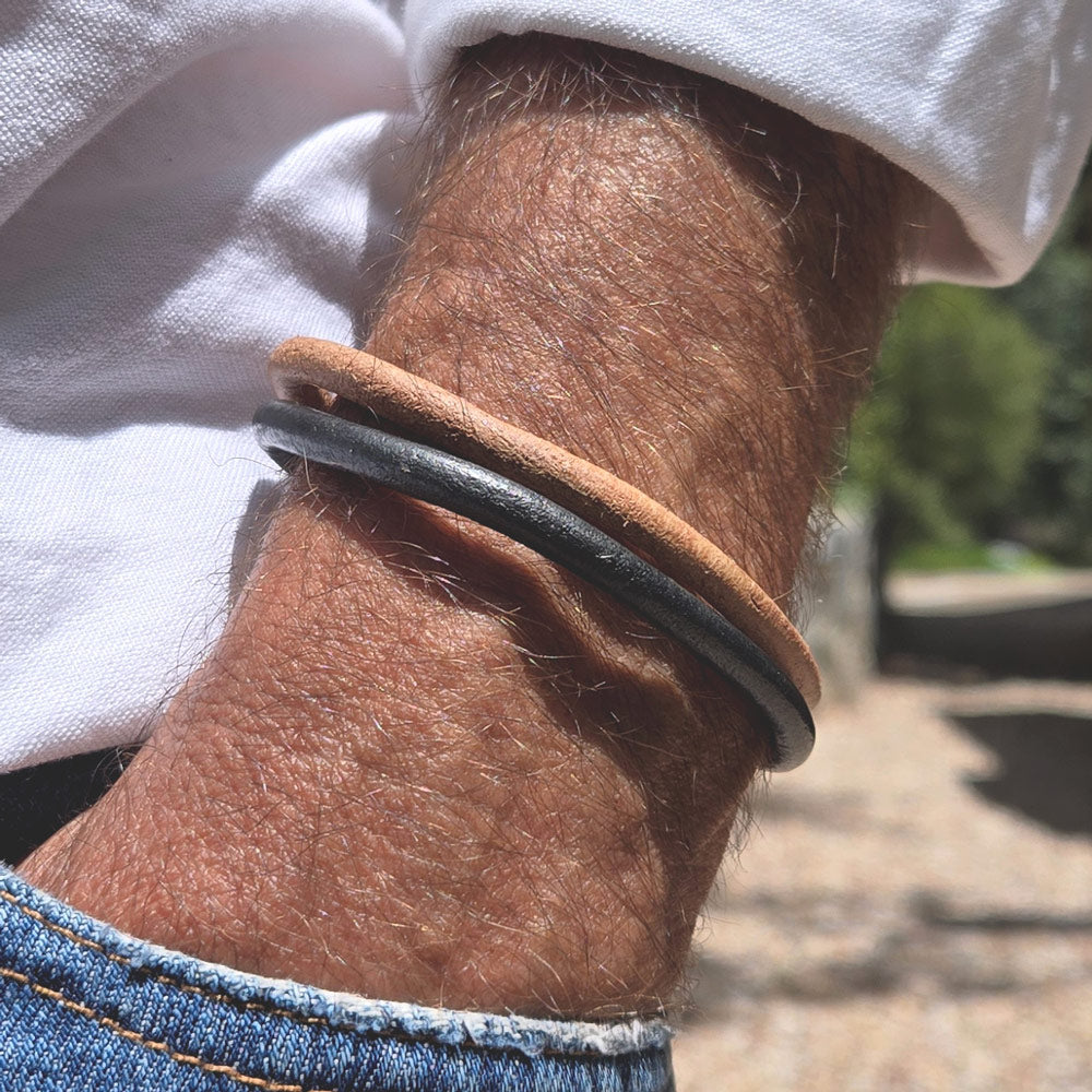 Men&#39;s Lando Grey Leather Bracelet w Magnetic Clasp, next to the Ellis tan leather bracelet