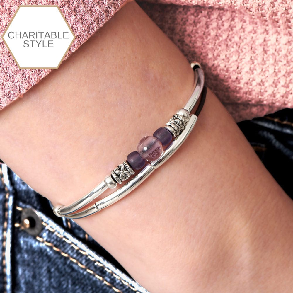 Encouragement w Semi Precious Amethyst Silver &amp; Leather Adjustable Bracelet