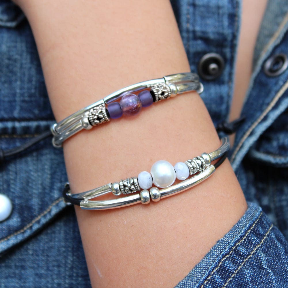 Encouragement with Semi Precious Amethyst Adjustable silver and leather Bracelet with crystal water moonstone silver bracelet