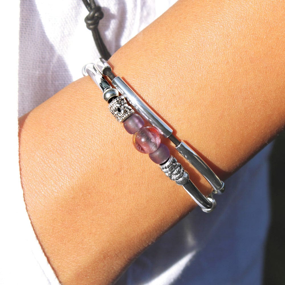 Encouragement bracelet featuring Adjustable silver and leather with Semi Precious Amethyst