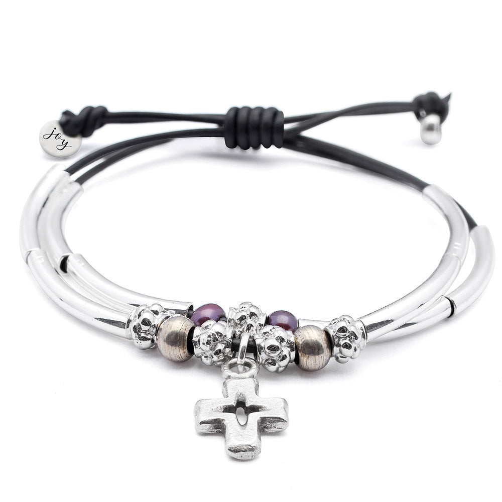 Faith Adjustable Silver &amp; Leather Bracelet with Silver Cross Charm &amp; Pearls Adjustable Bracelet Size: Adjustable