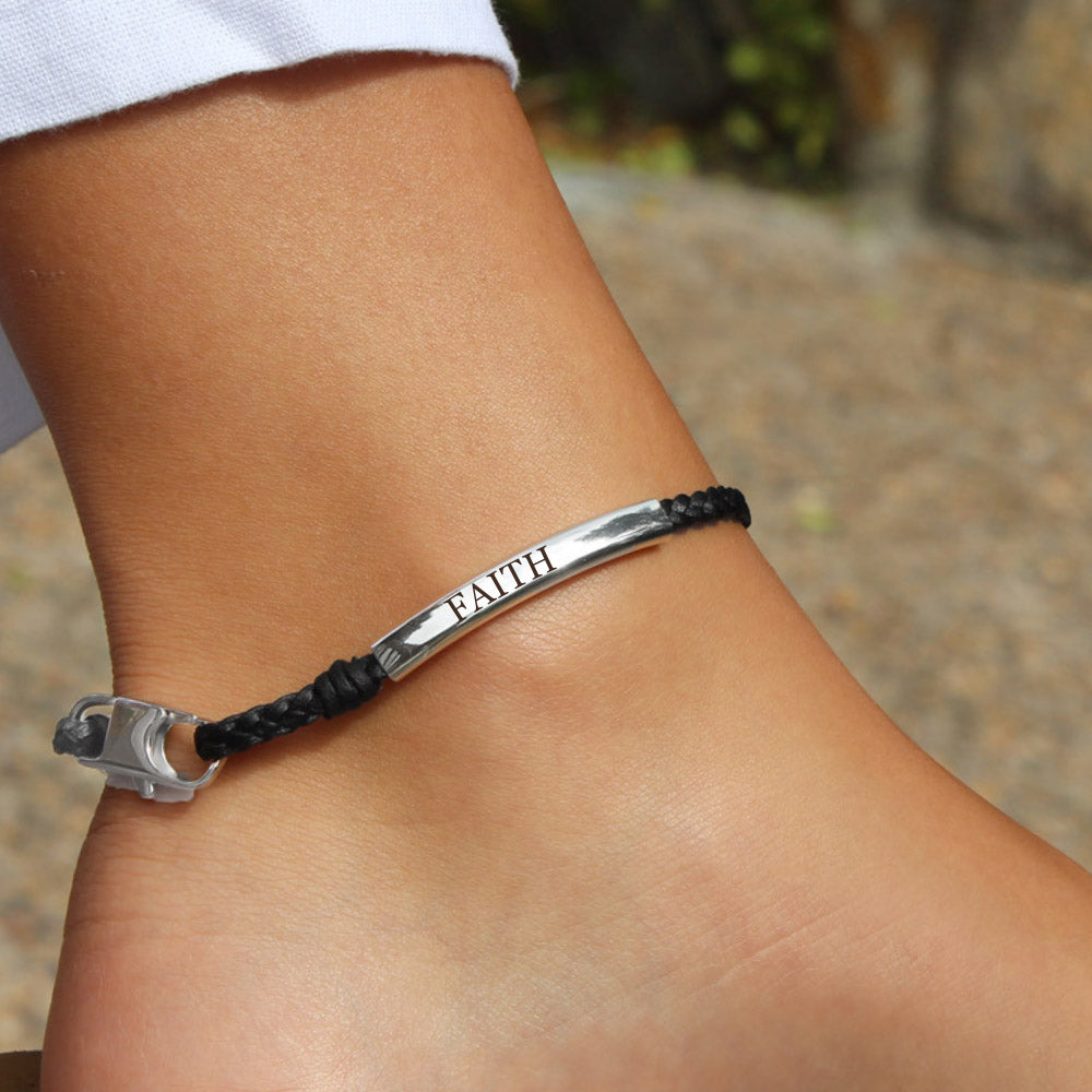 Heirloom Engravable SIlver &amp; Leather Anklet shown engraved