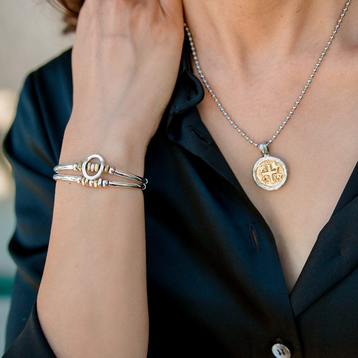 Holiday Set - Gold and Silver Vintage Medallion on Adjustable Stainless Steel Necklace with Optimism Adjustable Bracelet