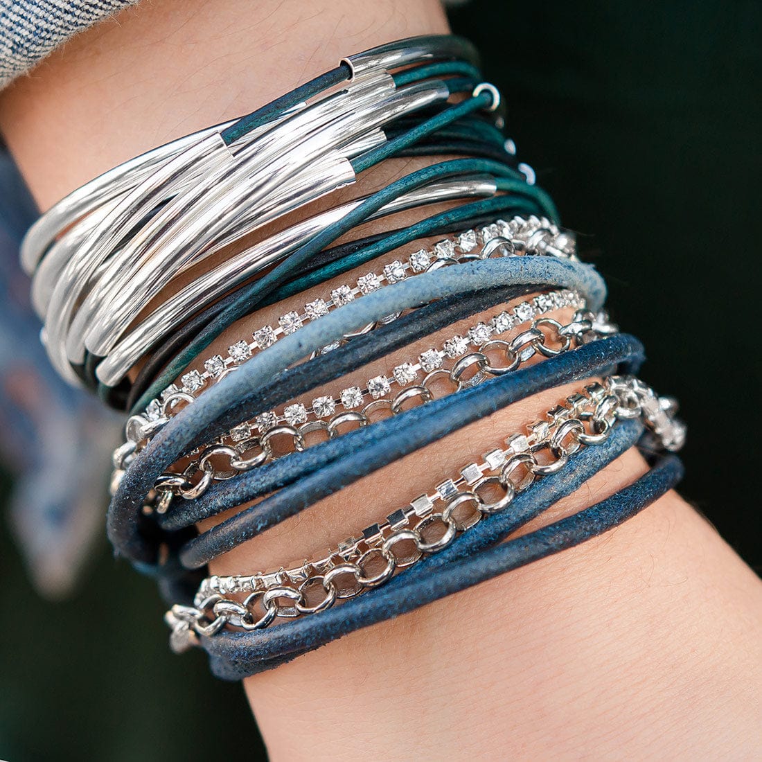 Lizzy Classic 4 Strand Silver Plated Blue Leather Wrap Bracelet stacked with the Sydney blue leather wrap bracelet with rhinestone chain