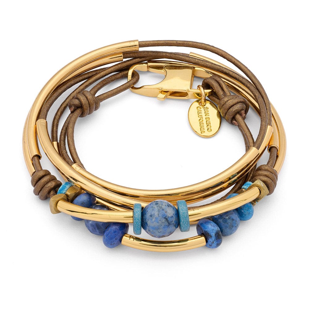 Night Swim Gold &amp; Leather Wrap Bracelet w Lapis Beads Bracelet Necklace Wrist Size*: Petite