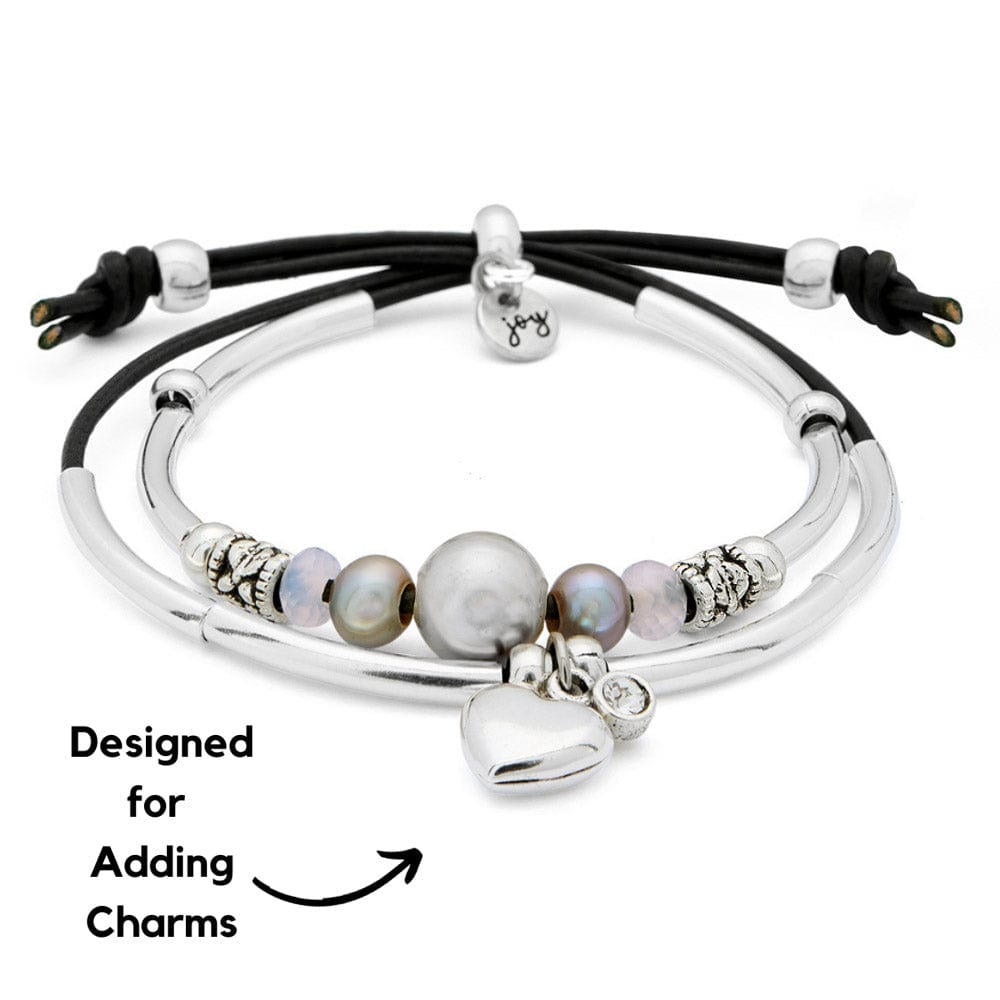 Shades of Grey Leather Bracelet with Sterling Silver Heart Charm