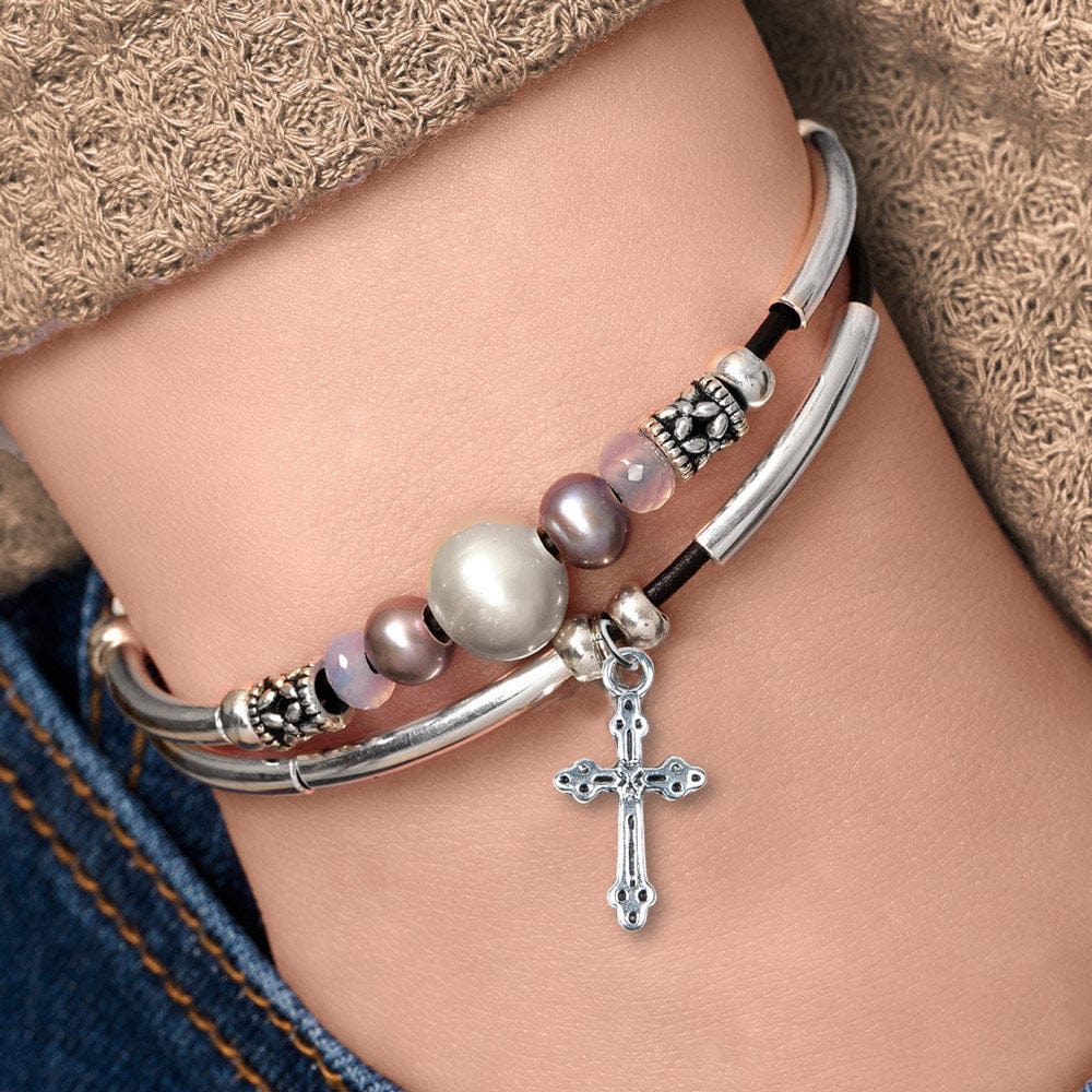 Shades of Grey Silver &amp; Leather Bracelet with Semi-Precious Chalcedony, Pearl, and Delicate Silver Cross Charm