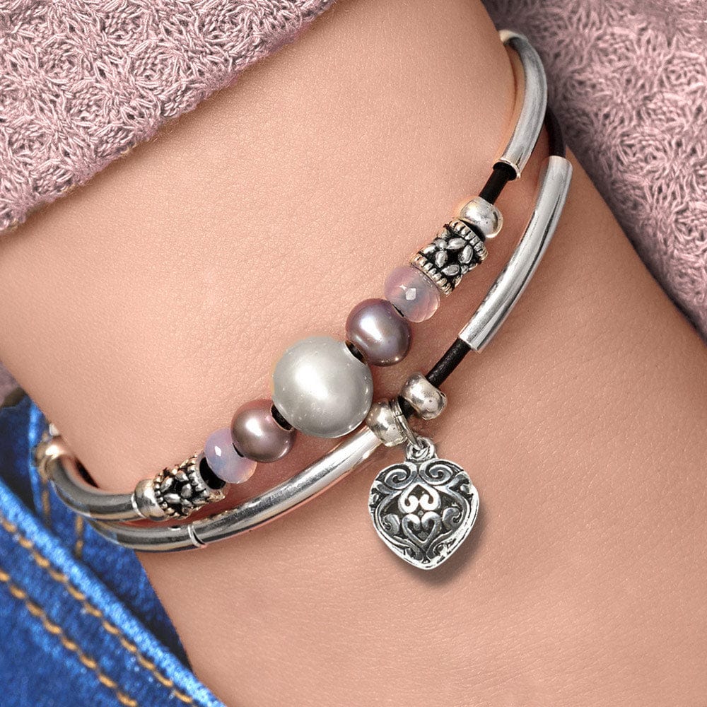  Shades of Grey Silver and Leather Bracelet with Semi-Precious Chalcedony, Pearl, and Puffed Heart Charm