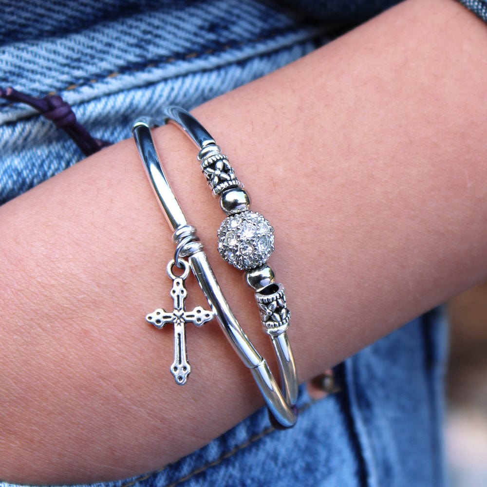 Sparks Silver Adjustable Bracelet with Rhinestone Focal and Delicate Cross Charm