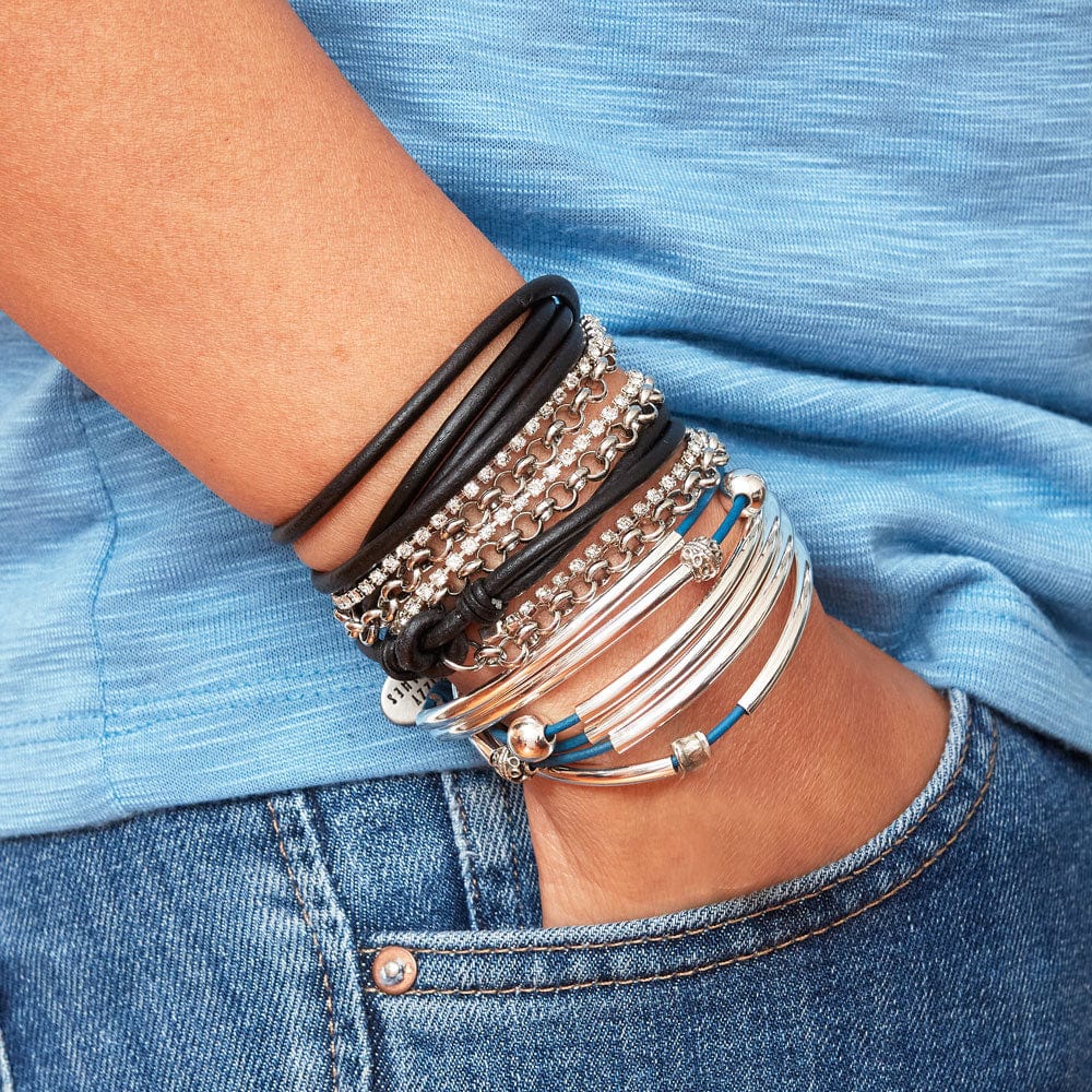 Summer Nat True Blue with Sydney Natural Black Leather Wrap Bracelet in Denim