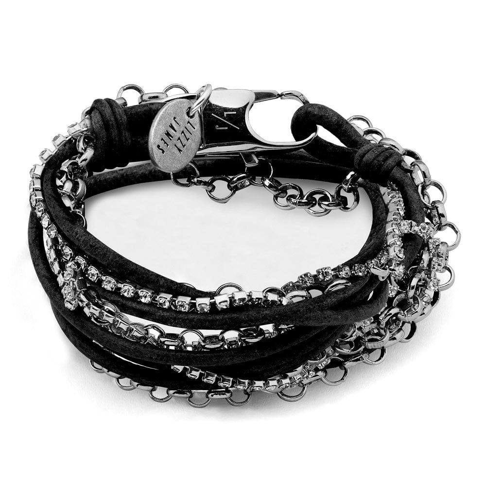 Sydney Wrap Bracelet with Rhinestone Chain in Natural Black Leather