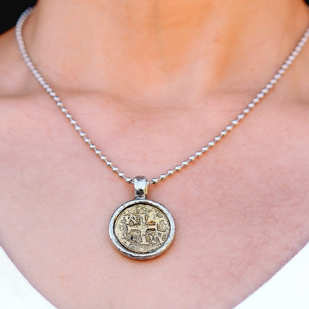 Vintage Gold Cross and Silver Coin Necklace