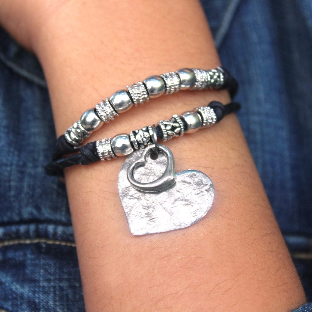 Zoe Silver and Black Leather Bracelet with Endless Heart Charm and Denim Square