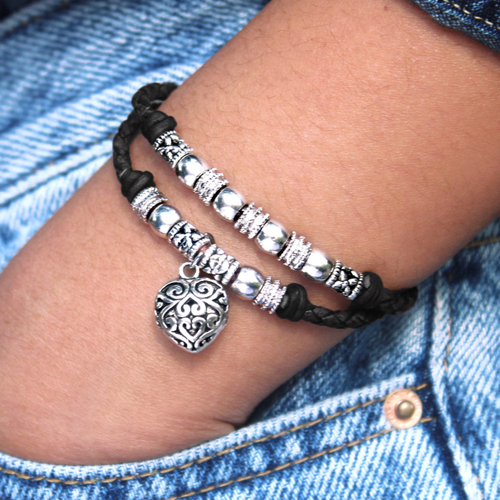 Zoe Silver and Braided Black Leather Bracelet Add Your Charm Choice Bracelet Select Wrist Size: Petite