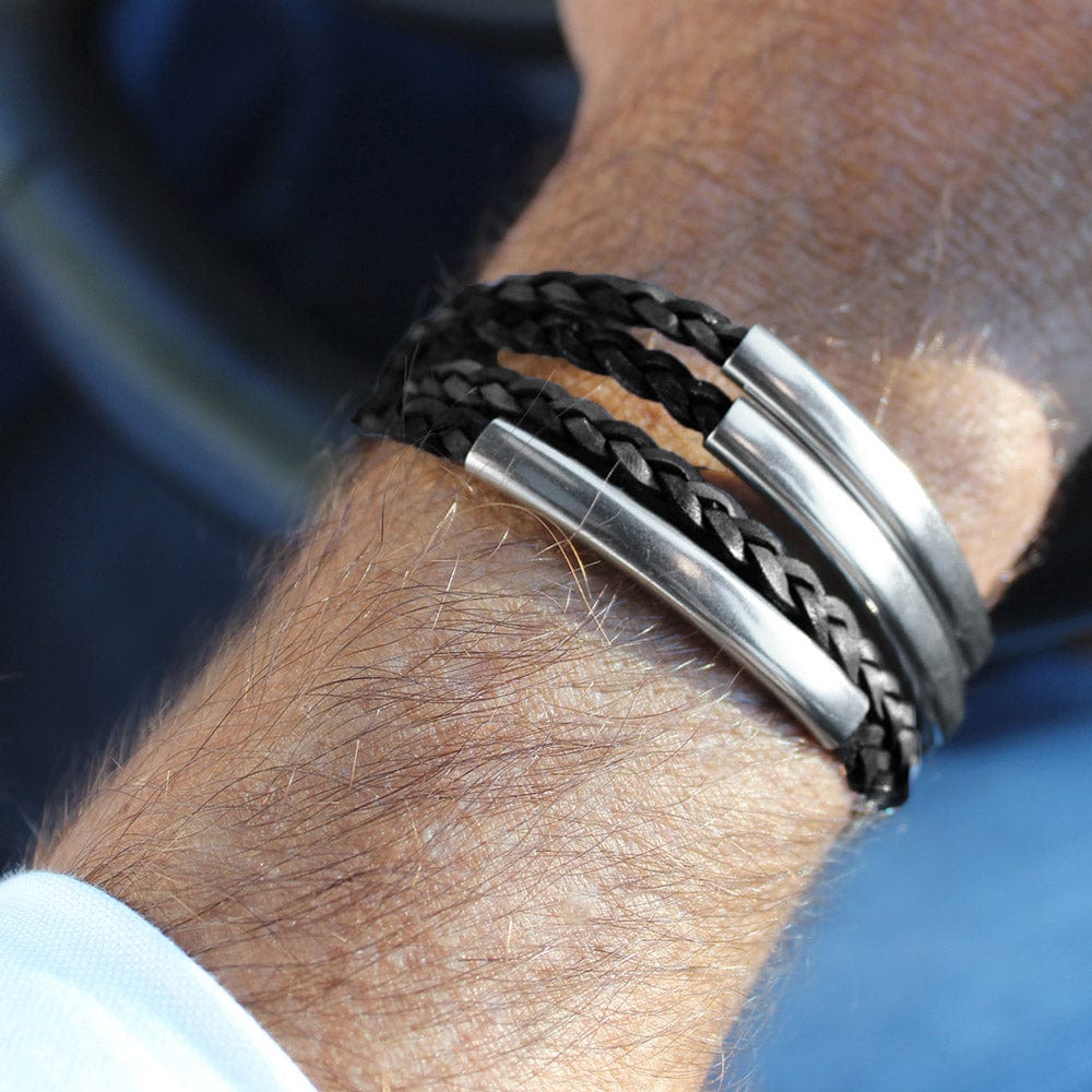 apollo mens leather and stainless steel bracelet