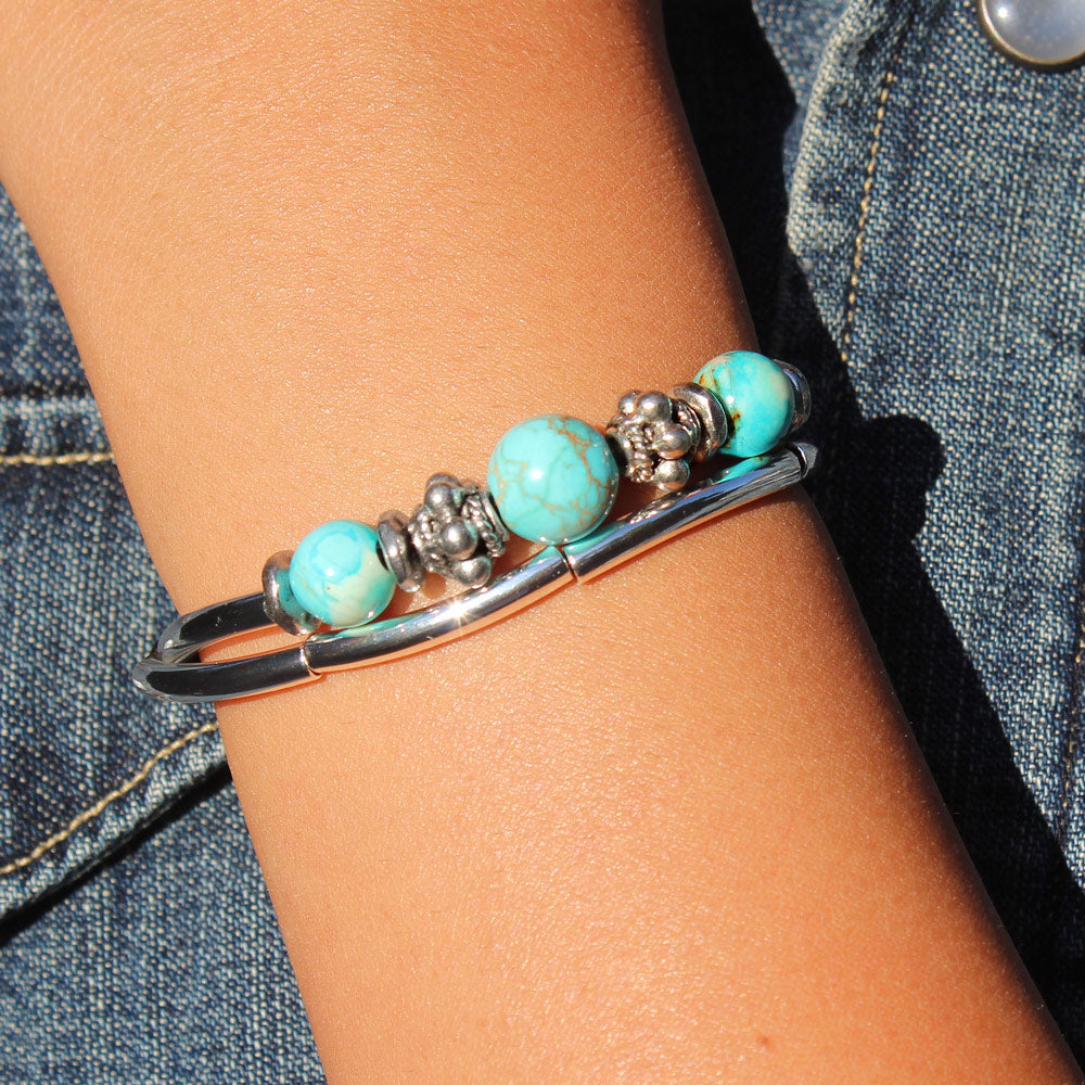 Basil Adjustable Silver &amp; Leather Bracelet with Semi Precious Turquoise Adjustable Bracelet