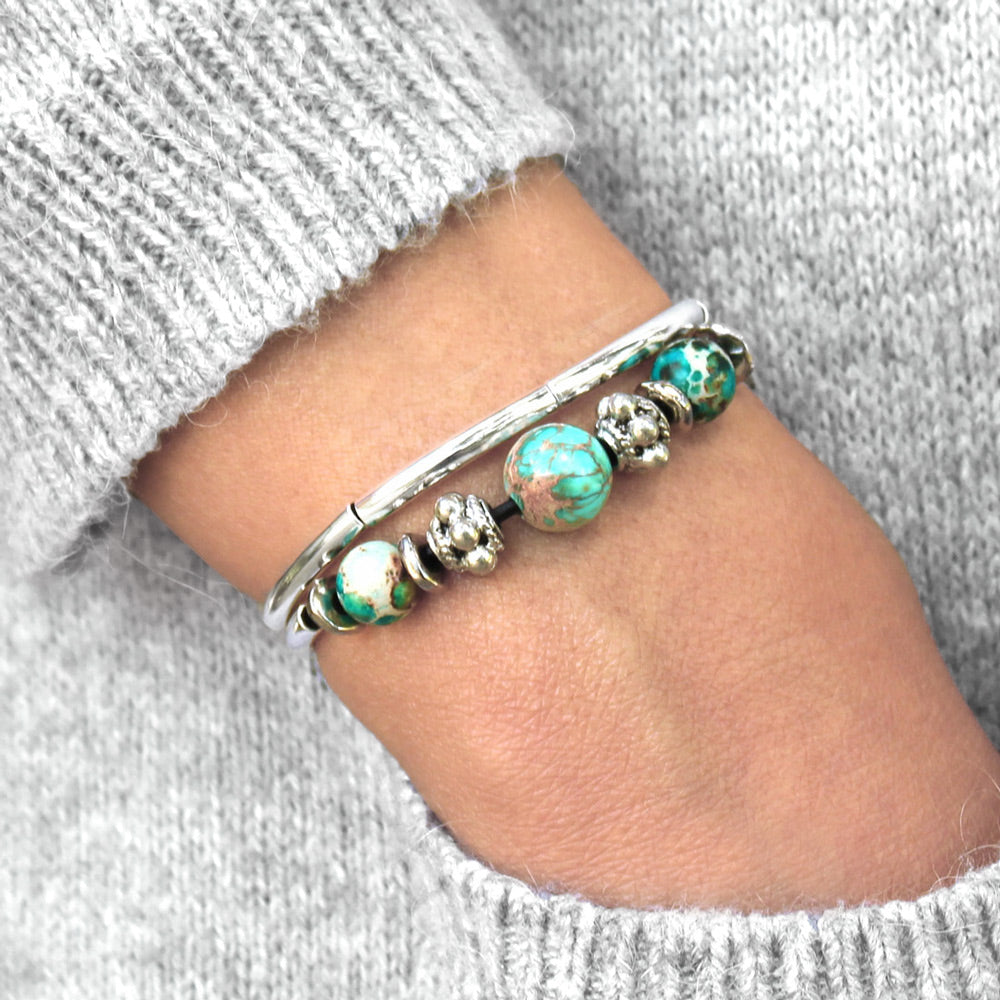 Basil Adjustable Silver &amp; Leather Bracelet with Semi Precious Turquoise Adjustable Bracelet