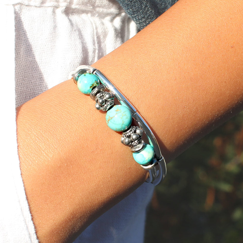 Basil Adjustable Silver &amp; Leather Bracelet with Semi Precious Turquoise Adjustable Bracelet