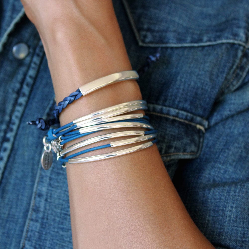 Lizzy Classic 4 Strand Silver Plated Blue Leather Wrap Bracelet