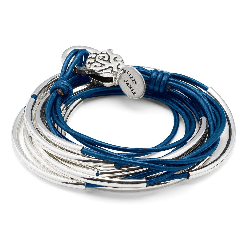 Lizzy Classic 4 Strand Silver Plated Blue Leather Wrap Bracelet