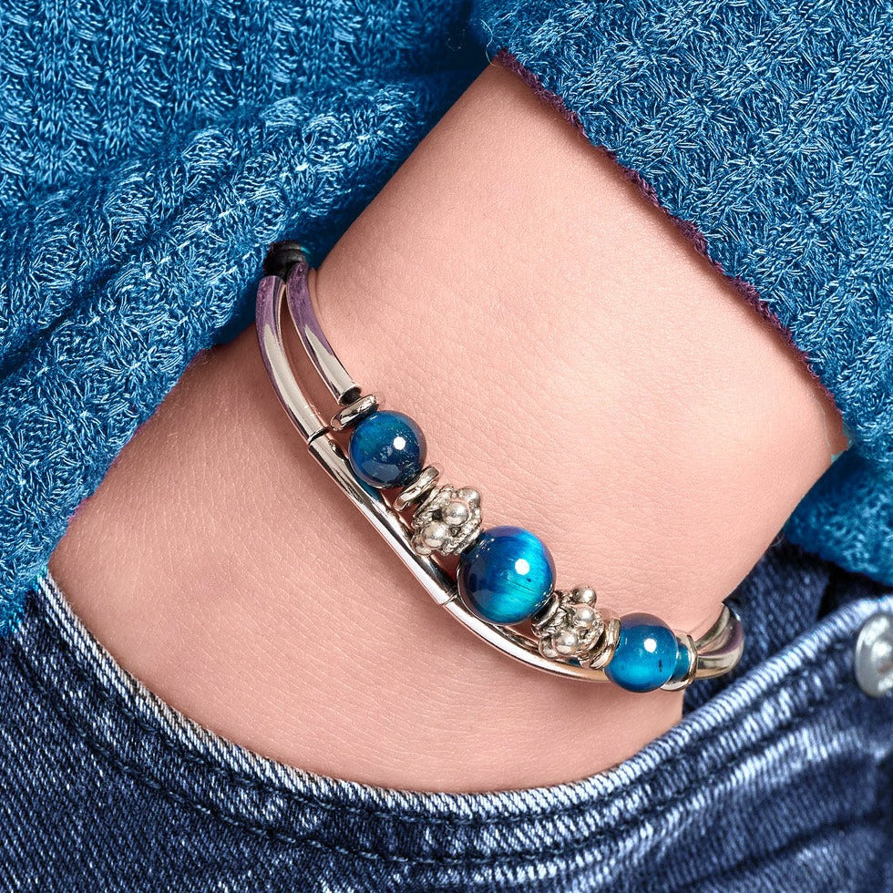 Clarity Semi Precious Blue Tigers Eye &amp; Silver Adjustable Bracelet