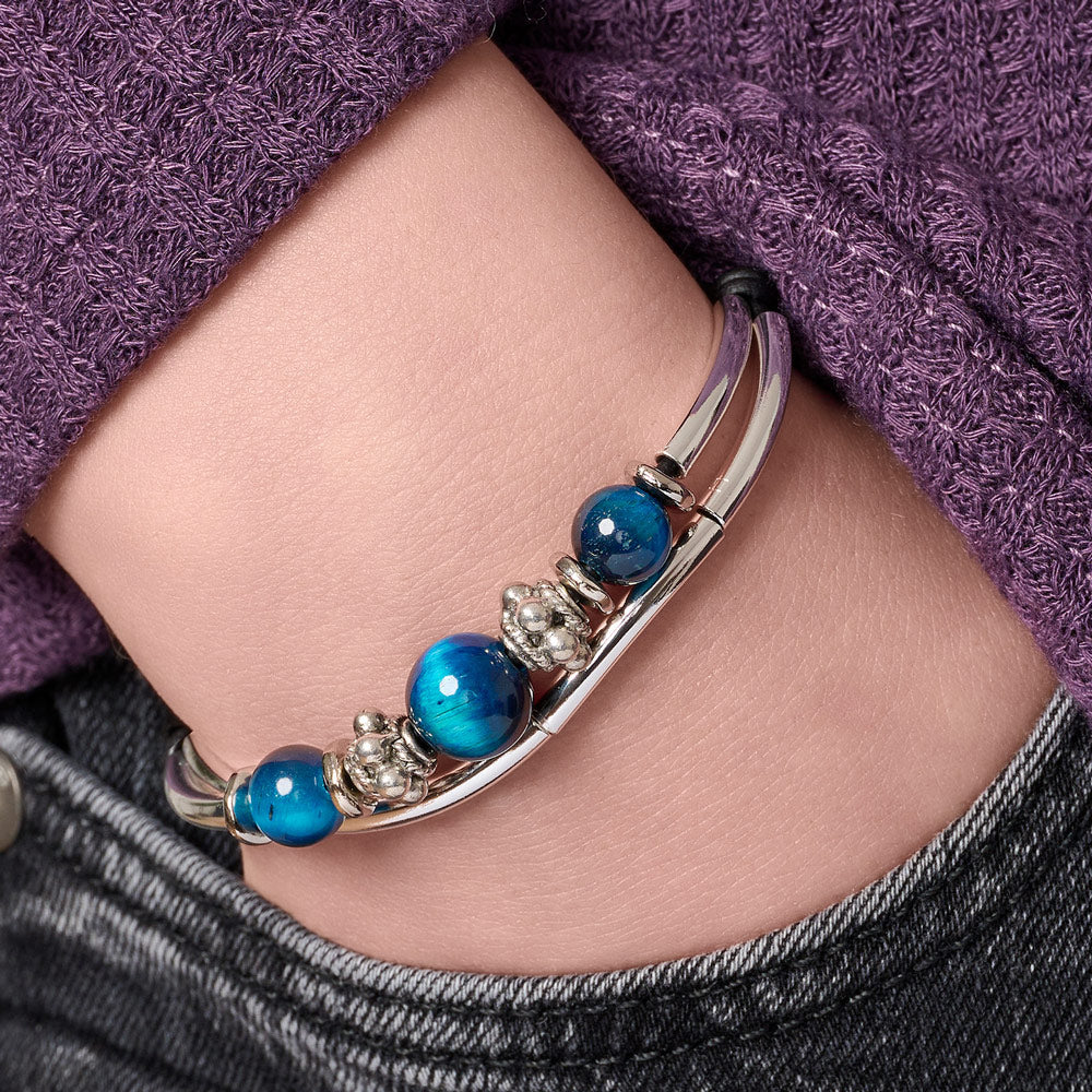 Clarity Semi Precious Blue Tigers Eye &amp; Silver Adjustable Bracelet